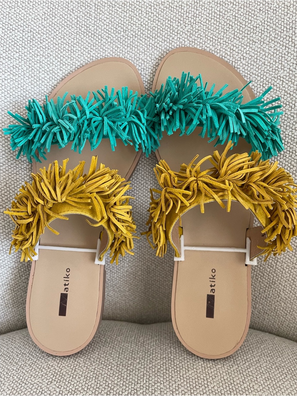 Anthropologie Matiko Tassel Slide Sandals in Mustard and Teal